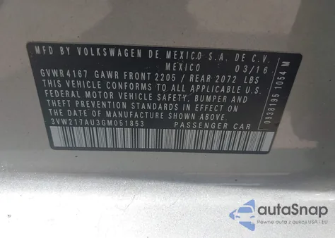 2016 Volkswagen Golf Tsi S 4-Door z USA, uszkodzony, nr VIN 3VW217AU3GM051853